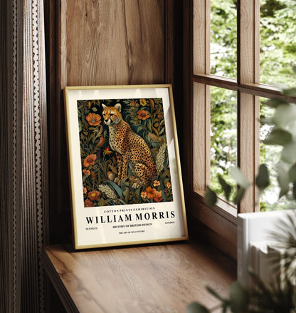 Framed cheetah art print inspired by William Morris with decorative floral design