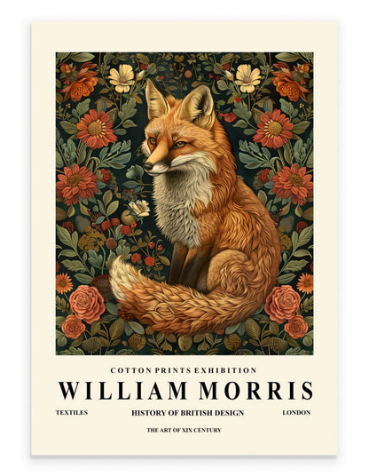 Fox art print with botanical background in William Morris inspired style