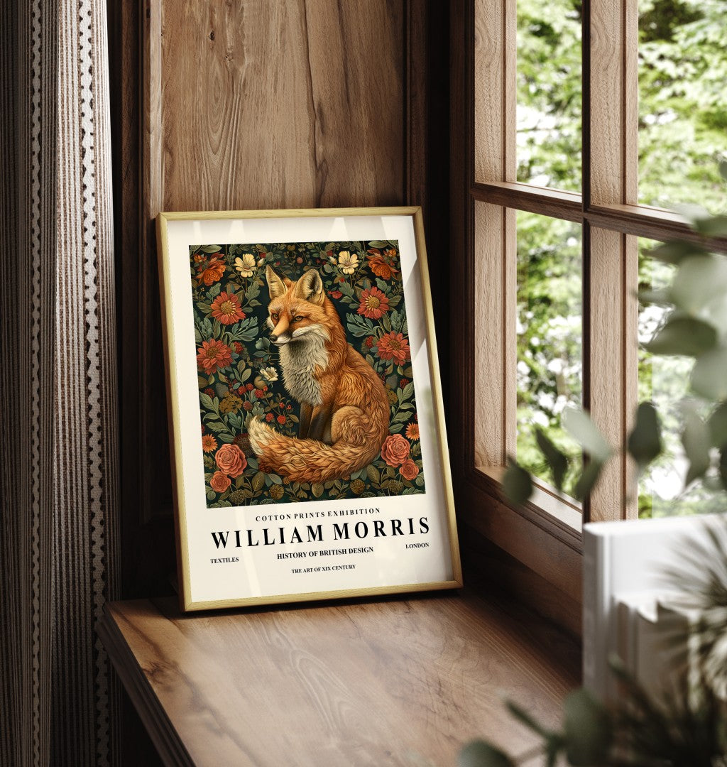 Framed fox art print inspired by William Morris with ornate floral design