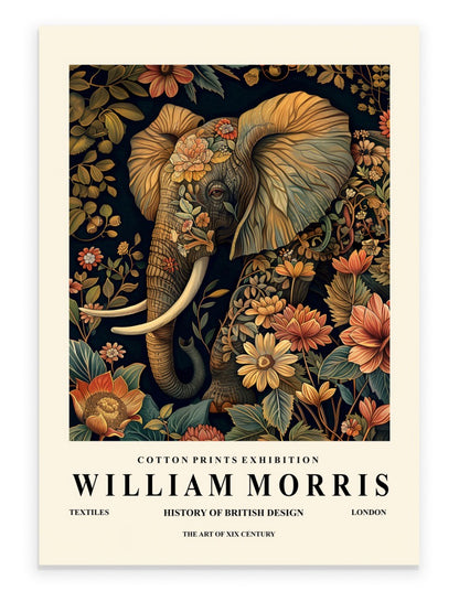 Elephant art print with ornate botanical background in William Morris inspired style