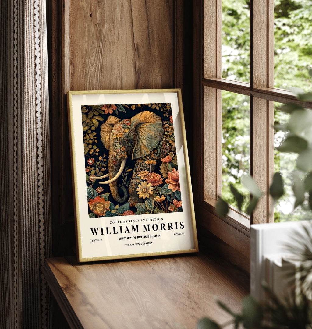 Framed elephant art print inspired by William Morris with decorative floral design