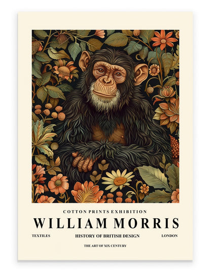 Chimpanzee art print with ornate botanical background in William Morris inspired style