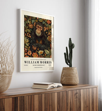 Expressive chimpanzee framed art print in William Morris style for wall decor