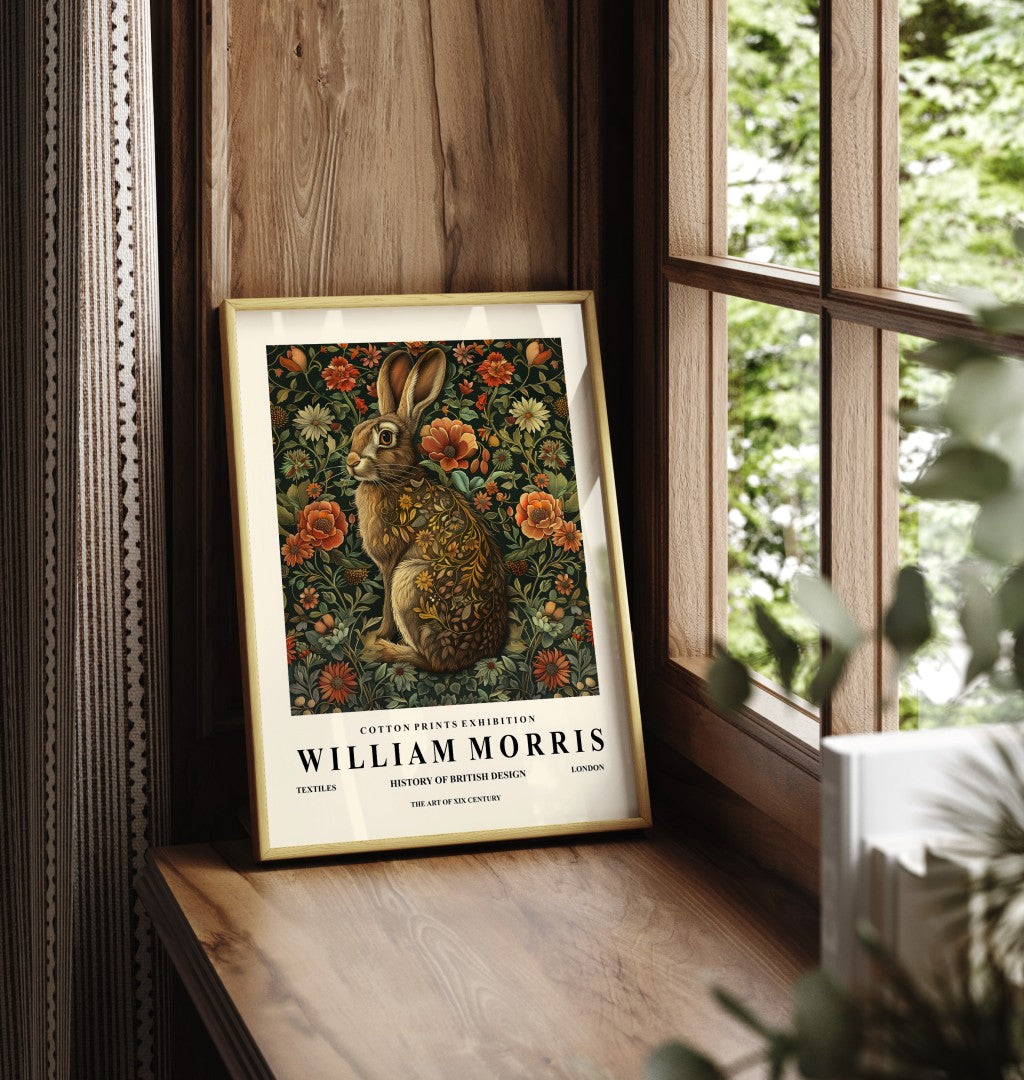 Framed hare art print inspired by William Morris with decorative floral design