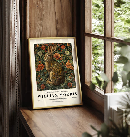 Framed hare art print inspired by William Morris with decorative floral design