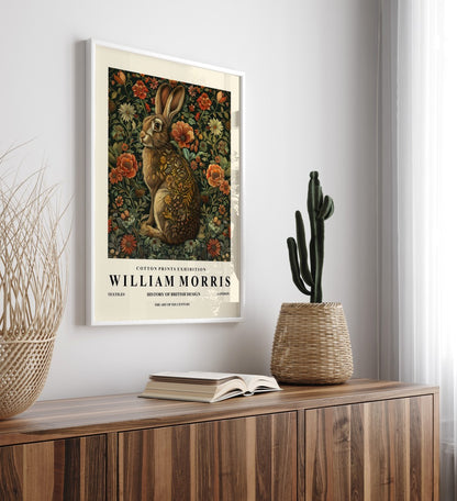 Woodland hare framed art print in William Morris style for wall decor
