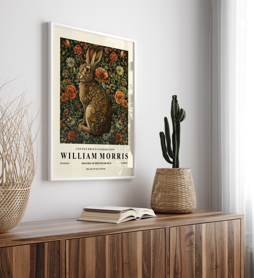 Woodland hare framed art print in William Morris style for wall decor