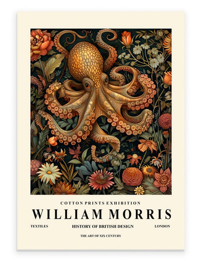 Octopus art print with ornate botanical background in William Morris inspired style