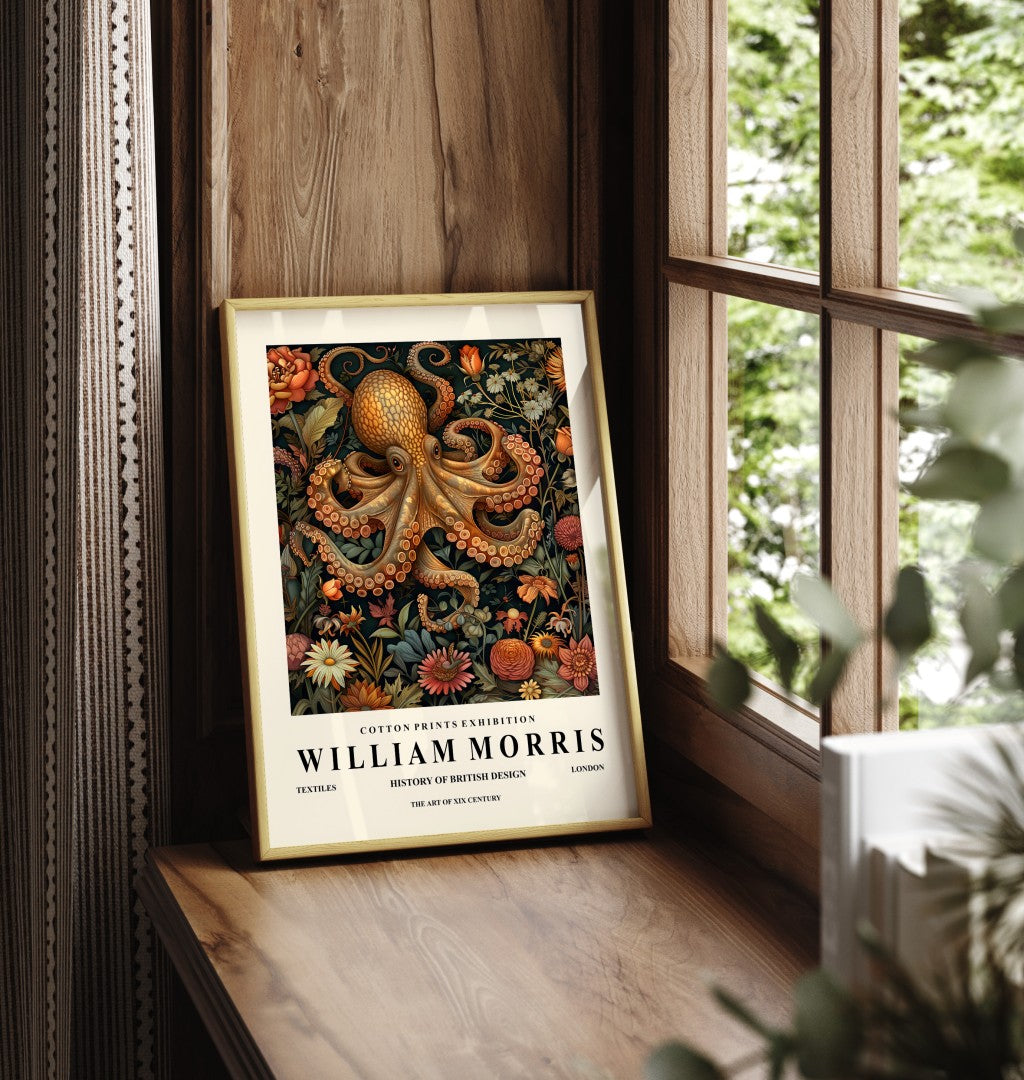 Framed octopus art print inspired by William Morris with decorative floral design