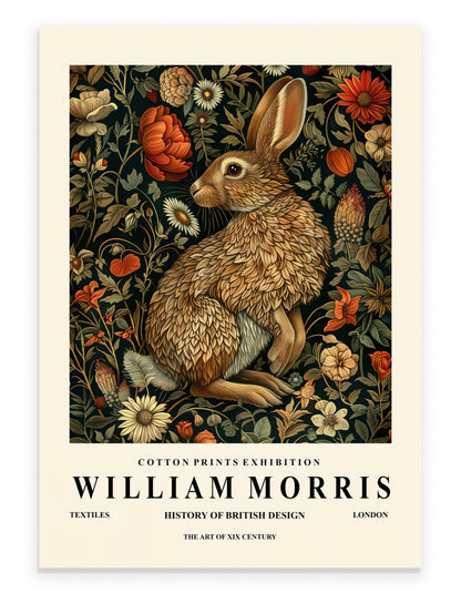 Rabbit art print with ornate botanical background in William Morris inspired style