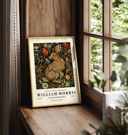 Framed rabbit art print inspired by William Morris with decorative floral design