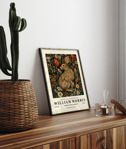Detailed rabbit with ornate botanical background framed art print in William Morris style