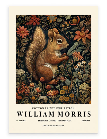 Squirrel art print with ornate botanical background in William Morris inspired style