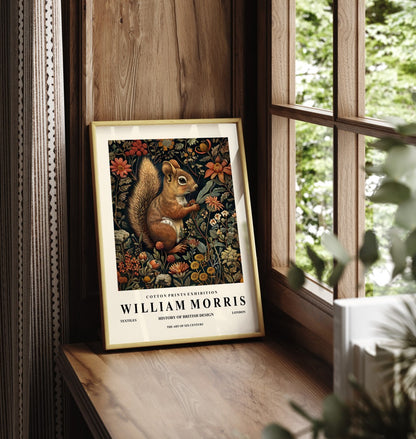 Framed squirrel art print inspired by William Morris with decorative floral design