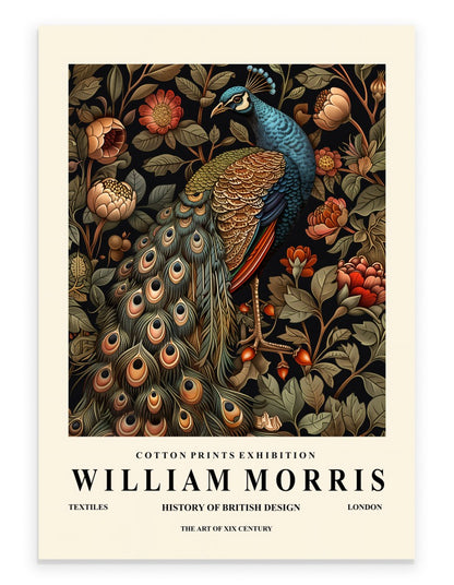 Peacock art print with ornate botanical background in William Morris inspired style