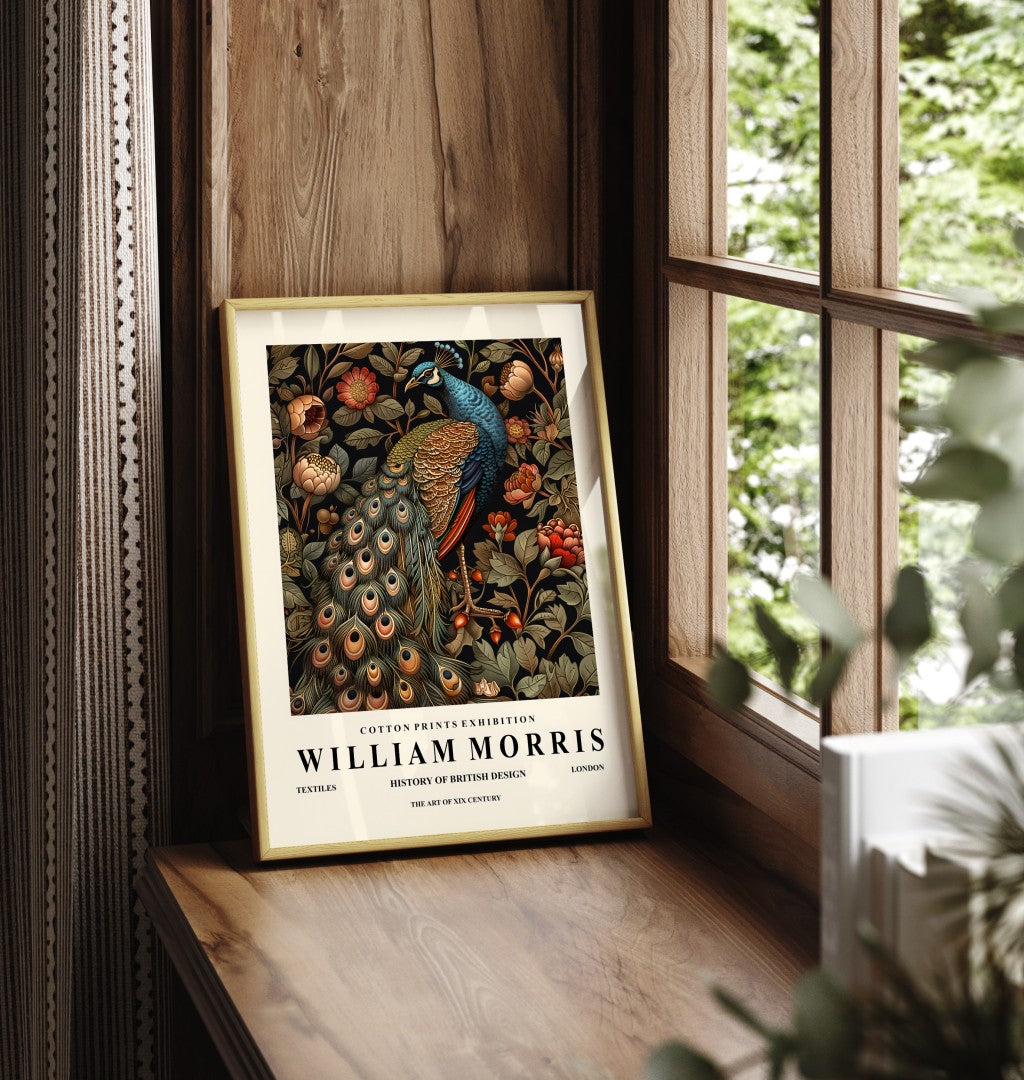 Framed peacock art print inspired by William Morris with decorative floral design
