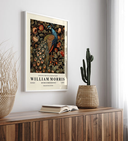 Elegant peacock framed art print in William Morris style for wall decor