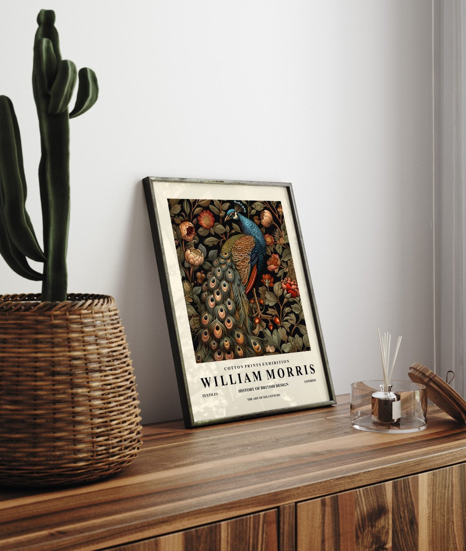 Detailed peacock with ornate botanical background framed art print in William Morris style